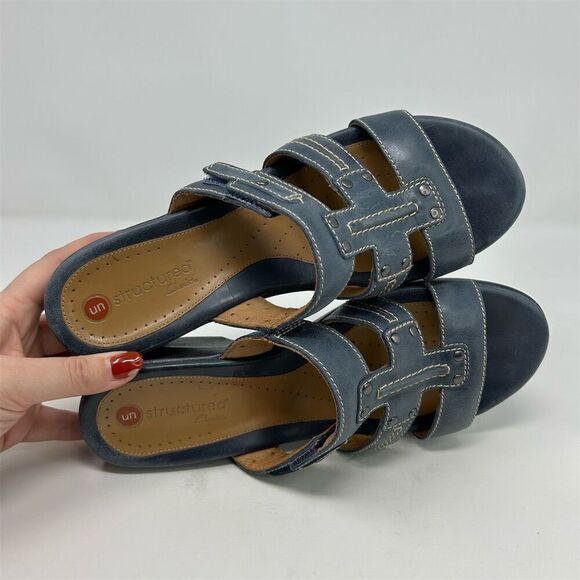 Clarks Unstructured Women's Blue Leather Slip On Wedge Sandals Size 9.5 Comfort - Picture 10 of 12
